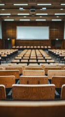 Empty university lecture hall with wooden seats and large screen, academic setting for presentations and lectures
