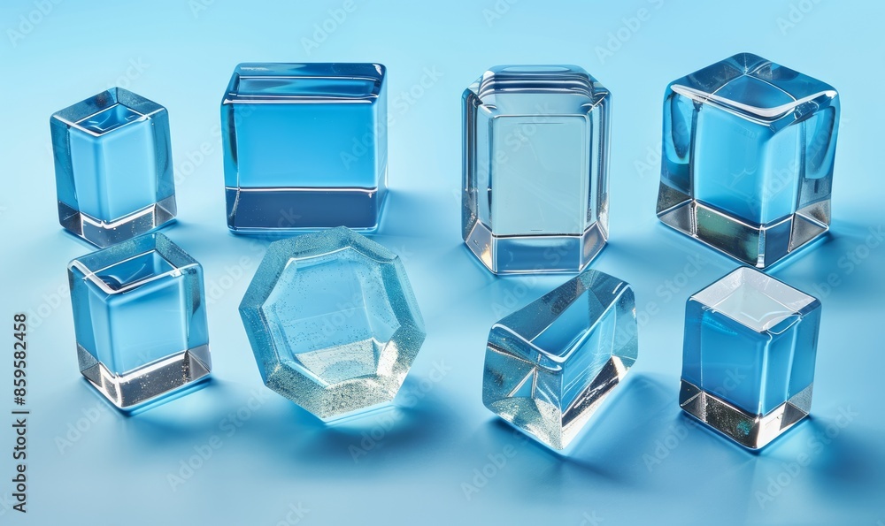 Poster abstract background of transparent glass blocks in different shapes on blue surface