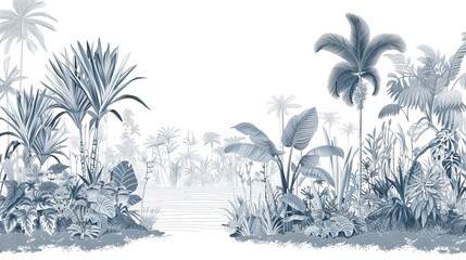 Landscape photograph in black and white. Jungle or forest nature background and mural wallpaper. High quality AI generated image