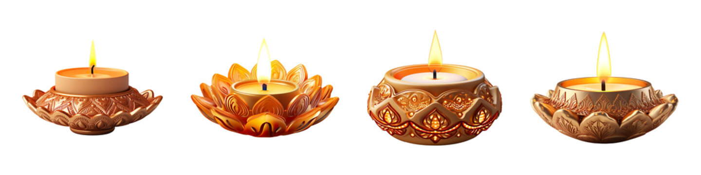 Collection set of Diwali Diya Candles isolated on transparent background