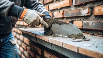 Bricklayer applying mortar to build a brick wall.
