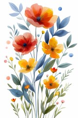 Retro Watercolor Bouquet of Orange, Yellow, and Red Flowers