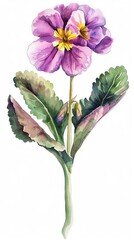 Beautiful watercolor painting of a purple and yellow flower with green leaves. Perfect for home decor or art projects.