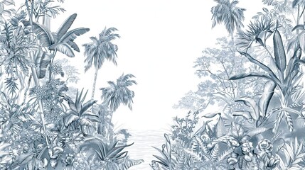 Obraz premium Landscape photograph in black and white. Jungle or forest nature background and mural wallpaper. High quality AI generated image