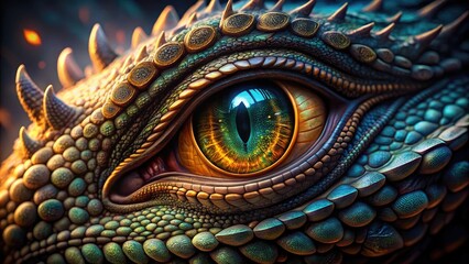 Fototapeta premium Close-up of a detailed dragon eye with colorful scales.