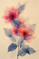 Retro Style Abstract Illustration of Delicate Red Flowers With Blue Leaves