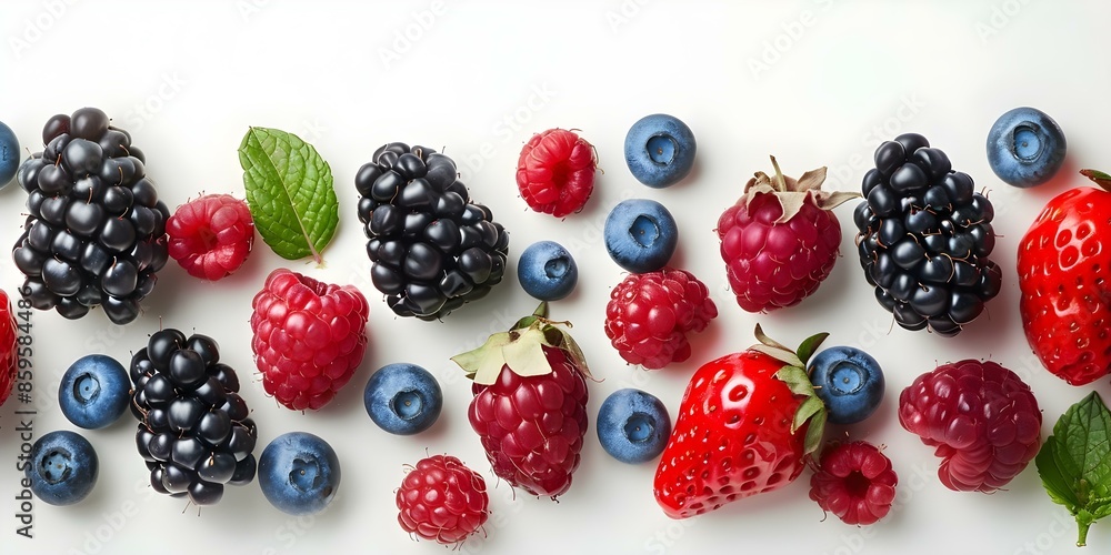 Poster assorted berries arranged professionally on white background with copy space and selective focus. co