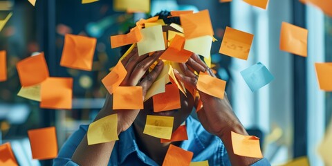 Stressed professional overwhelmed by sticky notes symbolizing mental health challenges and burnout. Concept Mental Health Awareness, Workplace Stress, Burnout Prevention, Coping Mechanisms