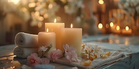 Spa session with aromatherapy candles and divine lighting for relaxation and meditation. Concept Spa Session, Aromatherapy Candles, Divine Lighting, Relaxation, Meditation