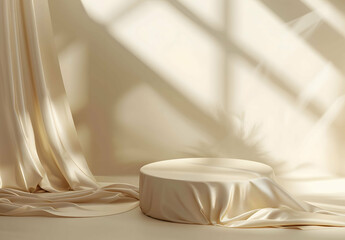 Elegant beige satin fabric on display pedestal. Podium for luxury product showcase.