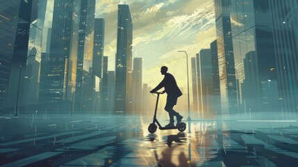 Obraz premium Faceless businessman riding electric scooter in a city. Generative AI., Generative AI hyper realistic 