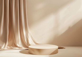 Elegant beige satin fabric on display pedestal. Podium for luxury product showcase.