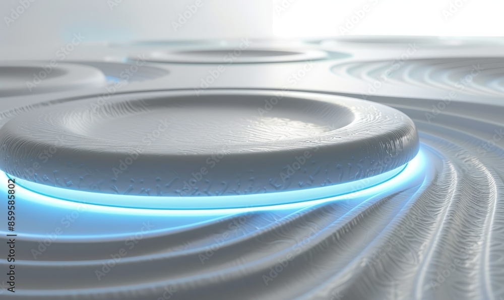 Poster white surface with embossed shape and blue illuminated edge. tech background with neon circle. 3d re