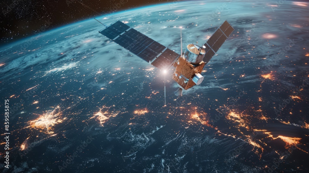Poster global connection internet satellite web data network 5g telecommunications world space low orbit re