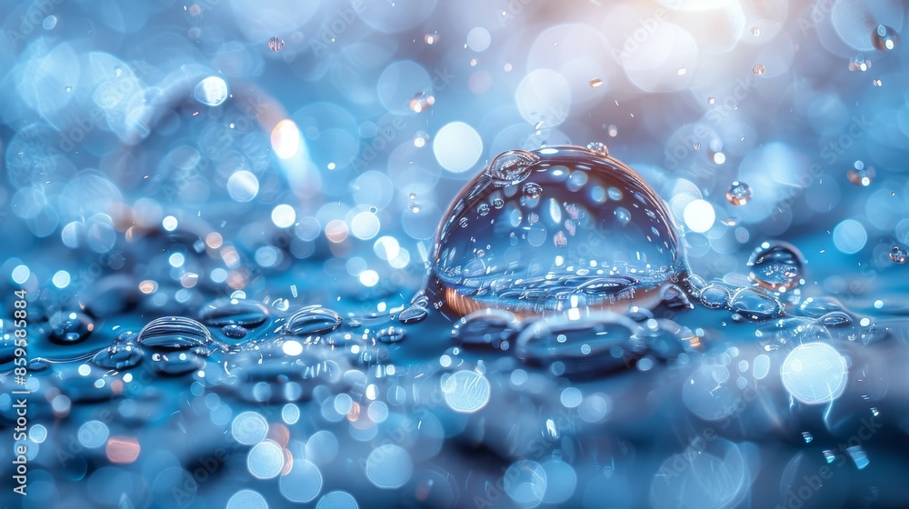 Poster a macro photograph of a water droplet resting on a reflective surface, with a blurred background of 