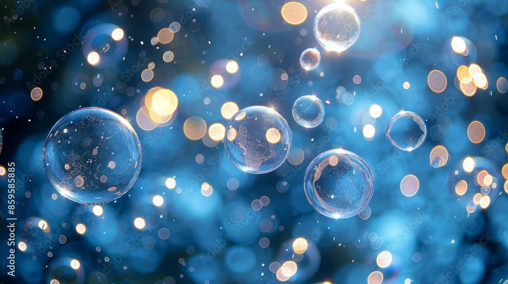Poster translucent bubbles float gracefully against a blue bokeh background, creating a mesmerizing and eth