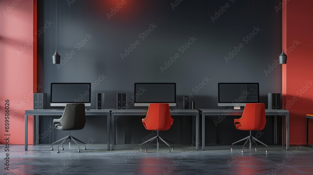 Poster gray and red hot desk office corner with row of computer desks hyper realistic