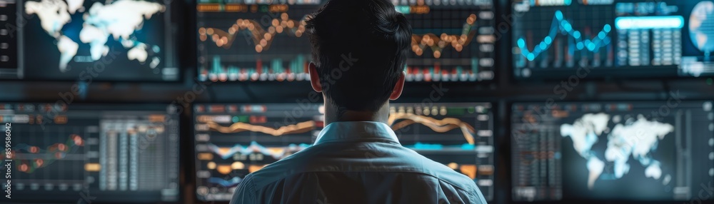 Aufkleber a person is seen from behind, facing a wall of computer monitors, analyzing financial data represent