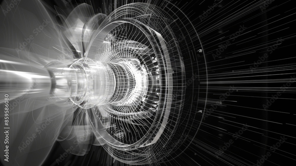 Aufkleber an abstract wireframe image depicting a turbine engine with a blurred background.