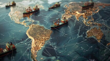 Global shipping route logistics supply chain trade commerce business economy asia europe china US india relations sanction politics network land sea hyper realistic 