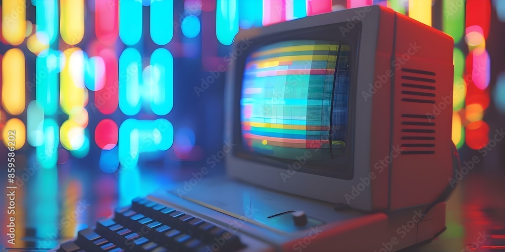 Poster retro computer screen with 80s style background and glitch effects. concept retro technology, 80s ae