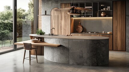 Gray and wooden kitchen corner with island hyper realistic 