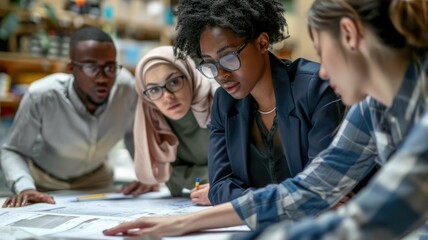 Diverse architects, designers, engineers collaborate intensely on project plans in a modern industrial workspace. AIG53M