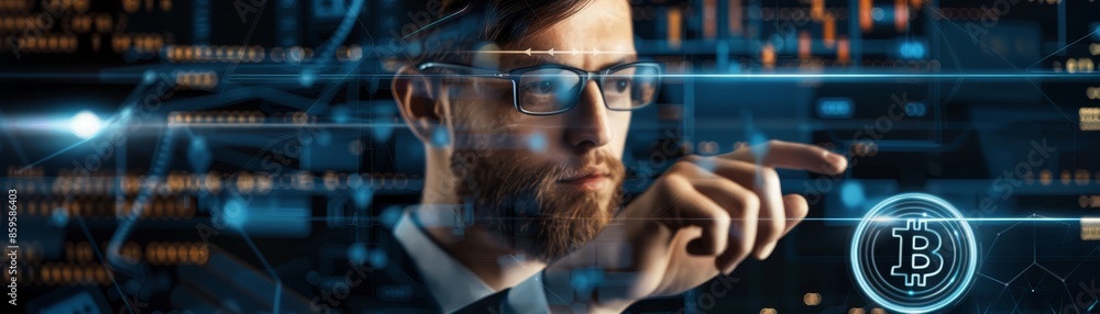 Poster a man with a beard and glasses focuses intently on a digital interface, his finger hovering over a b