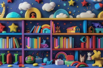 Fototapeta premium A bookshelf filled with colorful books and toys, perfect for a childrens educational center or bookstore. Generative AI