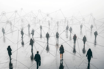 Concept of global communication. Crowds of people walking in the fog