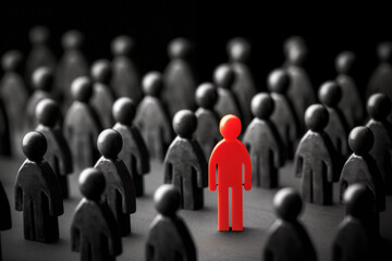 A red figure stands out from a business crowd, symbolizing individuality and leadership for success