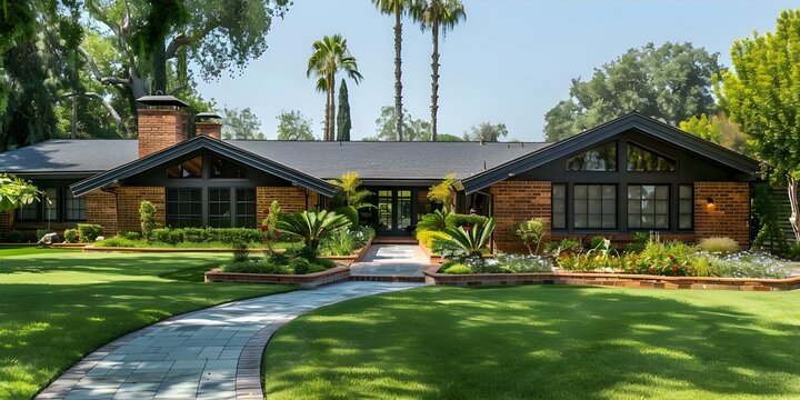 California Ranch style home with lowpitched roof brick and wood construction. Concept Single-story California Ranch Style Home, Low-Pitched Roof, Brick and Wood Construction