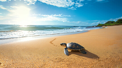 Obraz premium turtle making its way across a sandy beach towards the ocean,