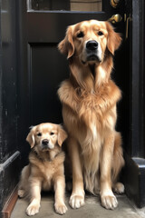 Golden Retriever and a Golden Retriever sitting on the windowsill