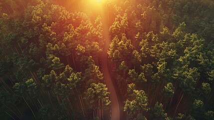 Aerial View of Winding Road through Lush Forest at Sunset