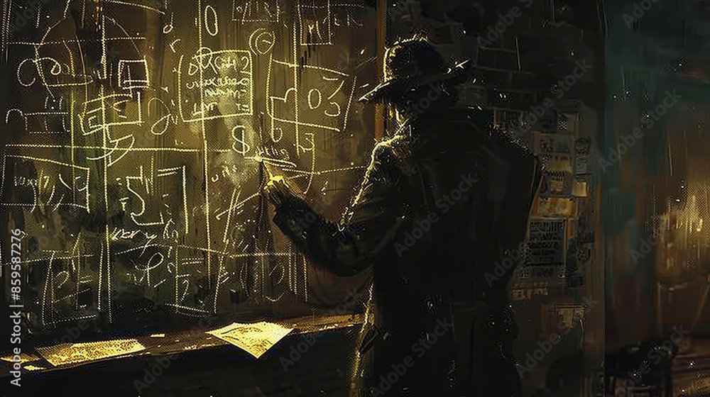 Poster a shadowy figure in a fedora studies a chalkboard filled with intricate symbols and markings in a di