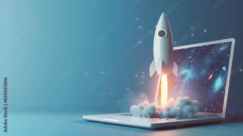 Poster rocket coming out of laptop screen on blue background with text space, generative ai hyper realistic