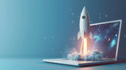Rocket coming out of laptop screen on blue background with text space, Generative AI hyper realistic 