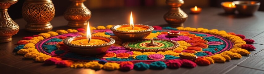 Vibrant traditional Diwali decorations with lit oil lamps (diyas) arranged in intricate, colorful patterns.