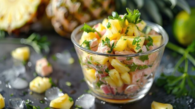 Adding pineapple to a cup making a salad with tuna and corn