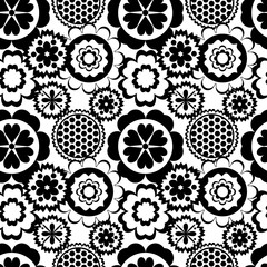 Black white seamless background with flowers ..Abstract, repeating regular pattern for print ..Graphic design with regular shapes.