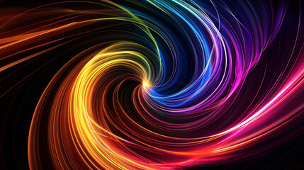Fototapeta premium Abstract background with colorful glowing lines in the shape of spiral vortex, light effect and energy flow motion on black backdrop