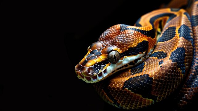 Black background with a Ball Python or Royal Python and a Cinnamon mutation