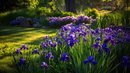 Bright purple irises under the sunlight in a garden
