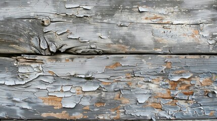 Close up of a weathered wooden plank with gray paint that is peeling