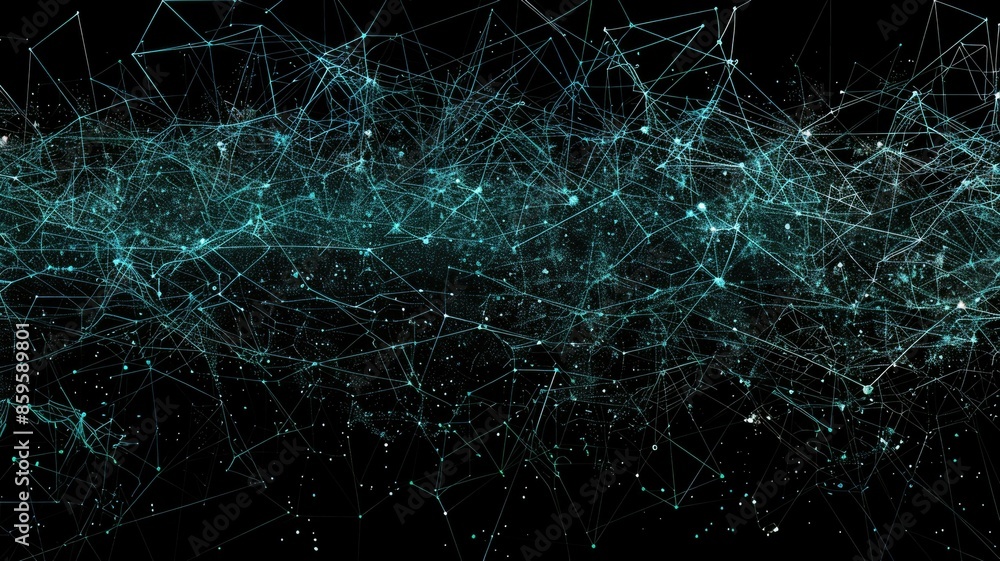 Poster digital network abstractly shown with particles and lines symbolizing data and connectivity in a fut