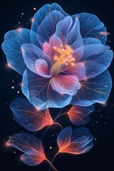 Glowing Blue And Red Flower With Delicate Leaves In Dark Background