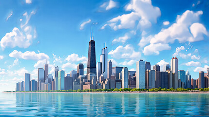 Obraz premium A city skyline with a large building in the middle.