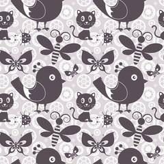 Regular cheerful purple texture for kids with animals...Black and white cheerful seamless background with birds and butterflies for children...