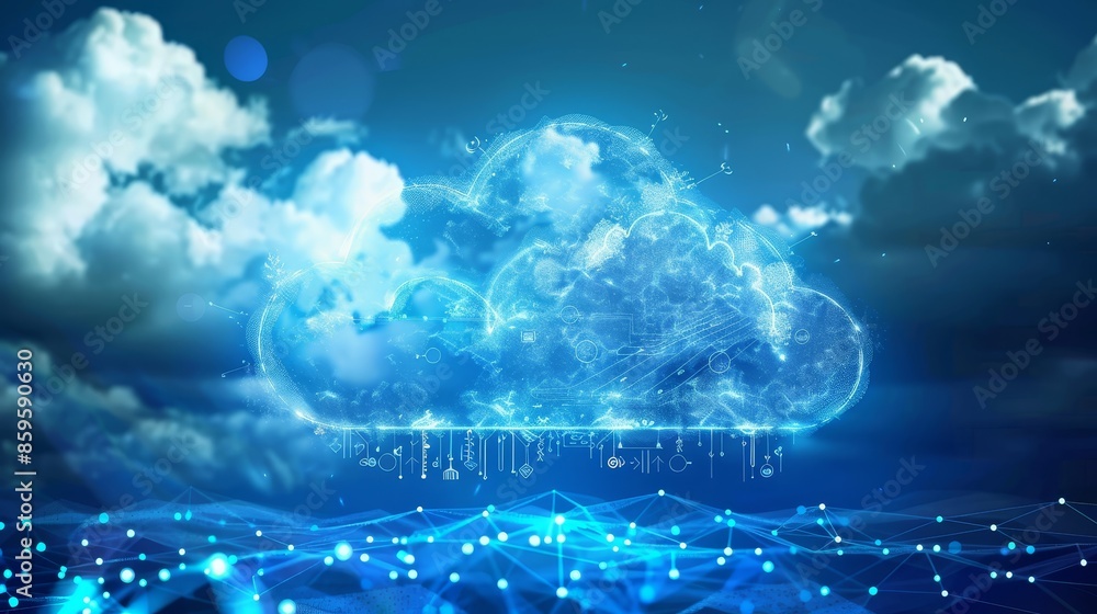 Poster a digital cloud shape made of glowing particles, symbolizing cloud computing, is pictured against a 